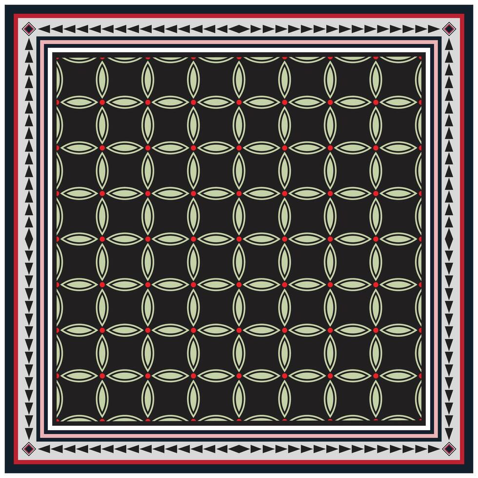 A geometric pattern featuring alternating leaf shapes in pale green and red dots on a black background, bordered by intricate stripes. vector