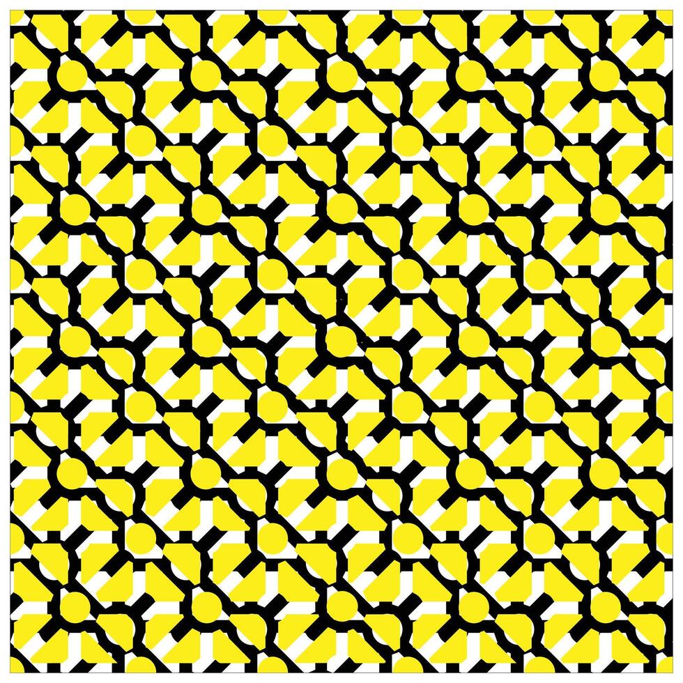 A vibrant pattern featuring overlapping yellow circles and geometric shapes with black and white accents, creating an eye-catching design. vector