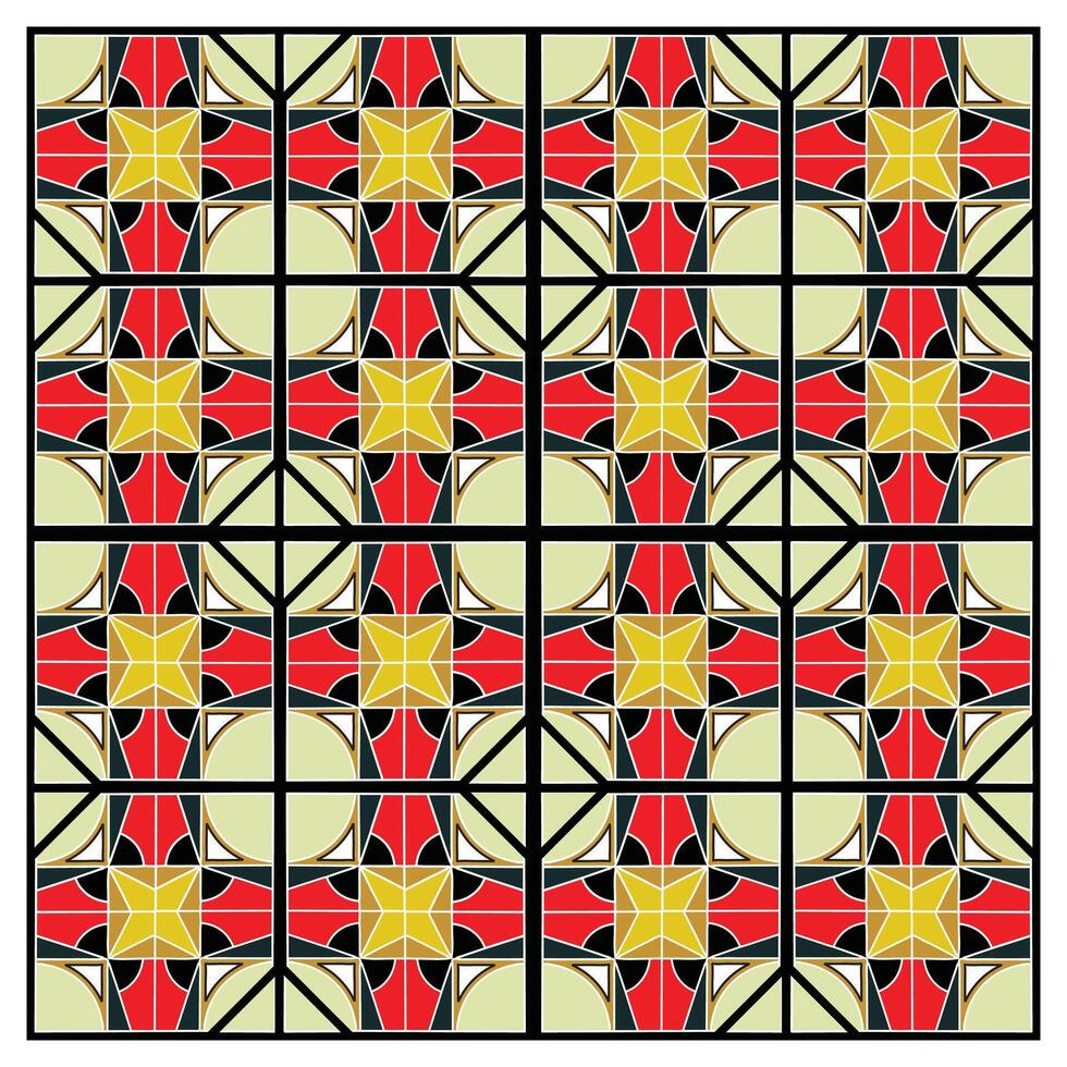 A vibrant geometric pattern featuring interlocking red, yellow, and green shapes, enclosed within a black grid. vector