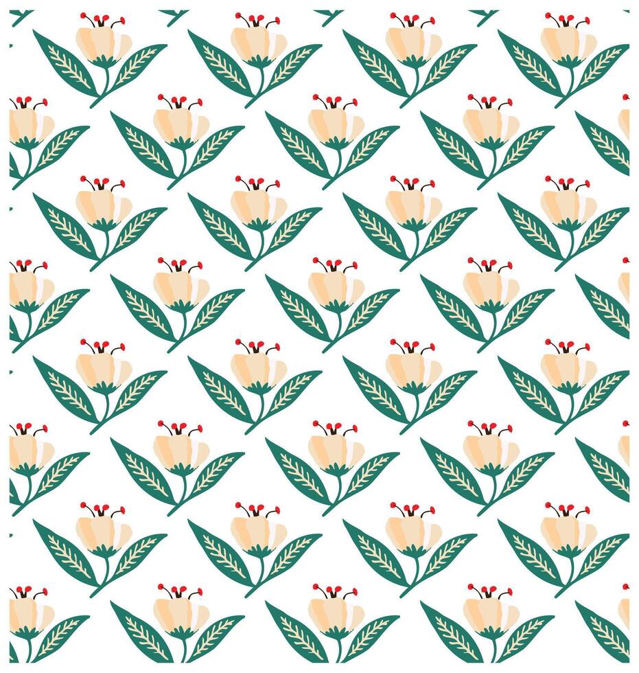 Seamless pattern of stylized beige flowers with red accents and green leaves on a white background, it could be used as a wallpaper, fabric design, curtain, pillow or other decorative elements vector