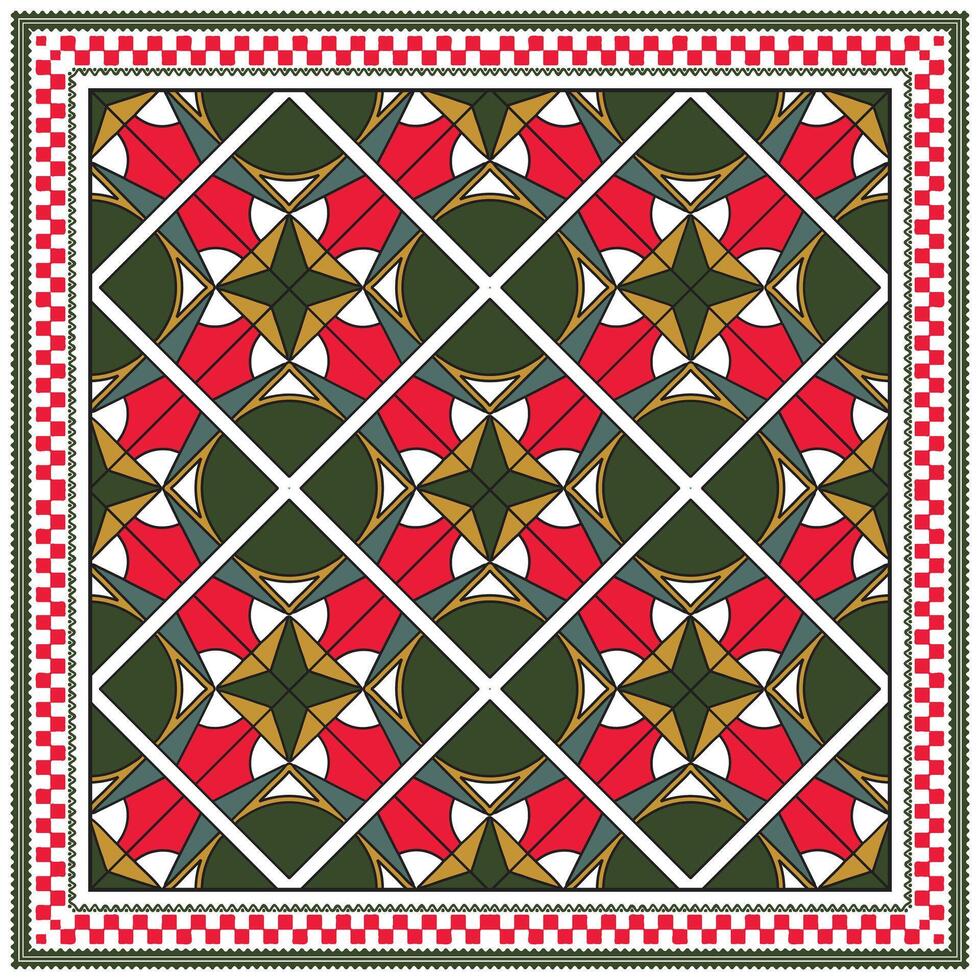 Colorful geometric pattern red, green, and gold designs, bordered with a checkered edge. Perfect for festive themes, It could be used as a wallpaper, fabric design, or other decorative elements vector