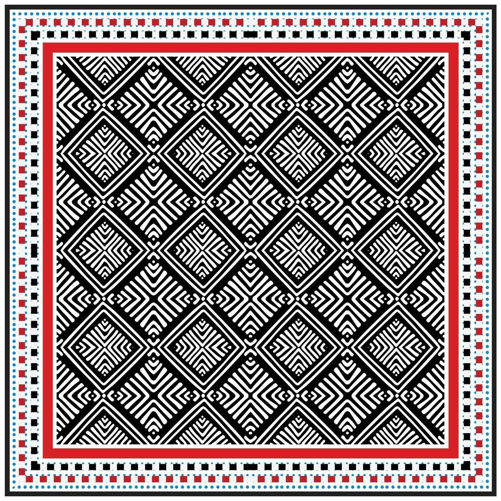 Geometric black and white patterned textile with a red border and colorful decorative edges, featuring repeated diamond shapes and intricate designs. vector