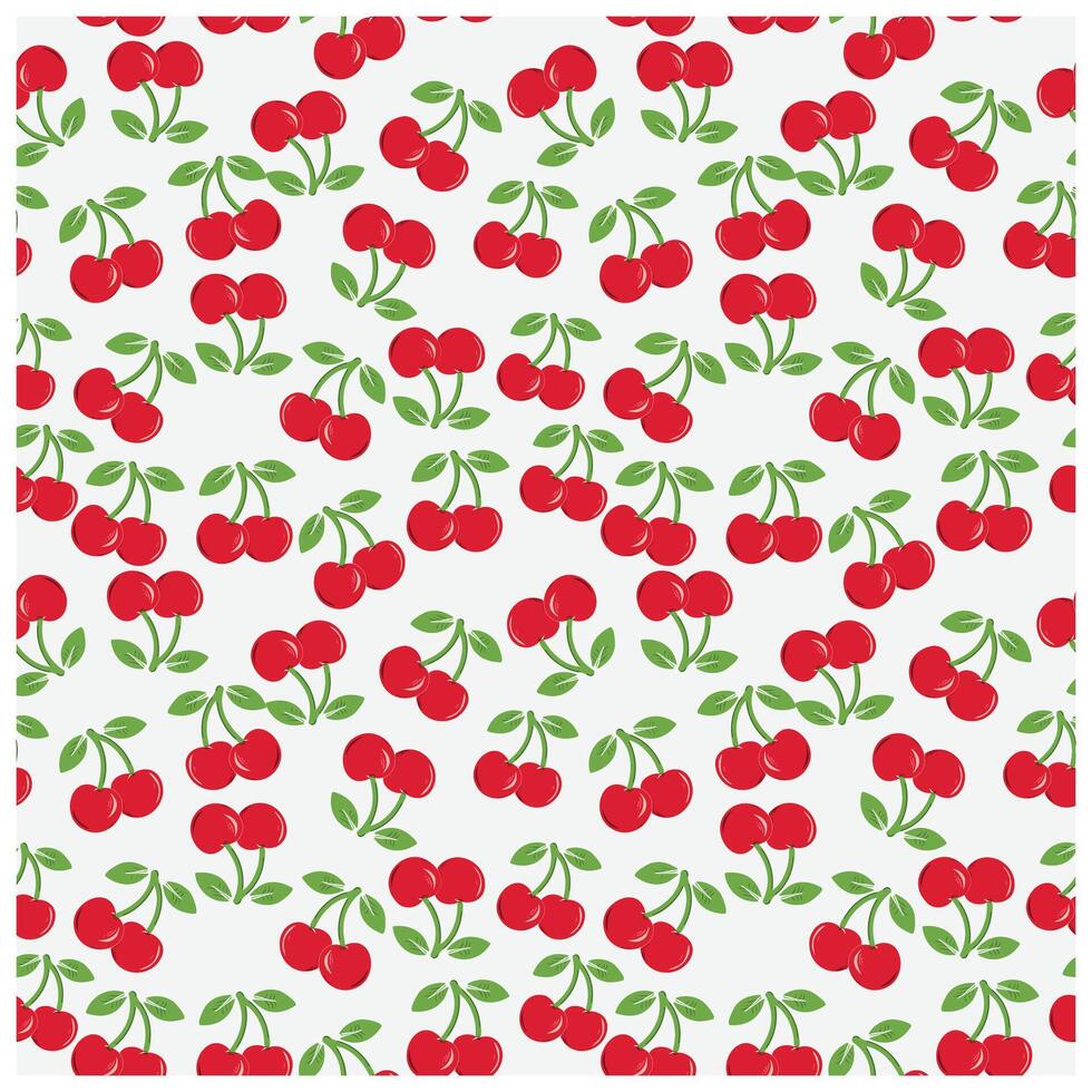 Pattern of bright red cherries with green leaves on a light grey background, arranged evenly across the canvas, It could be used as a wallpaper, fabric design, curtain, pillow or other element vector