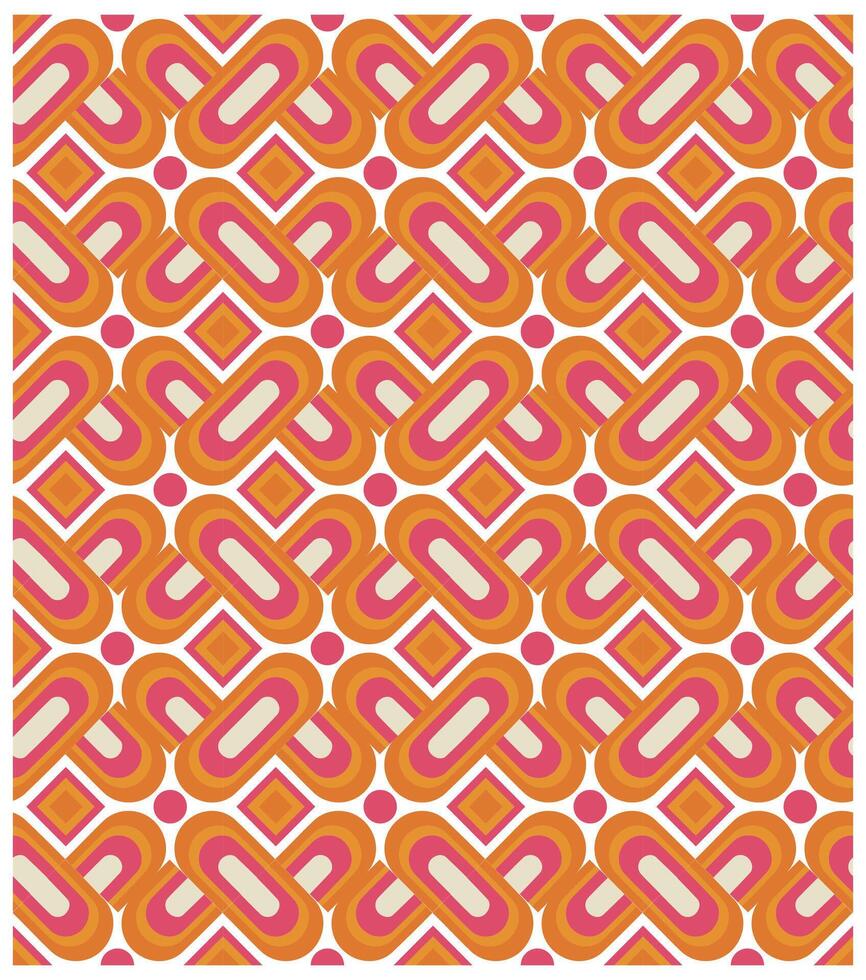 Colorful retro pattern featuring intertwined shapes in shades of orange, pink, and cream, accented by diamonds and circles. vector