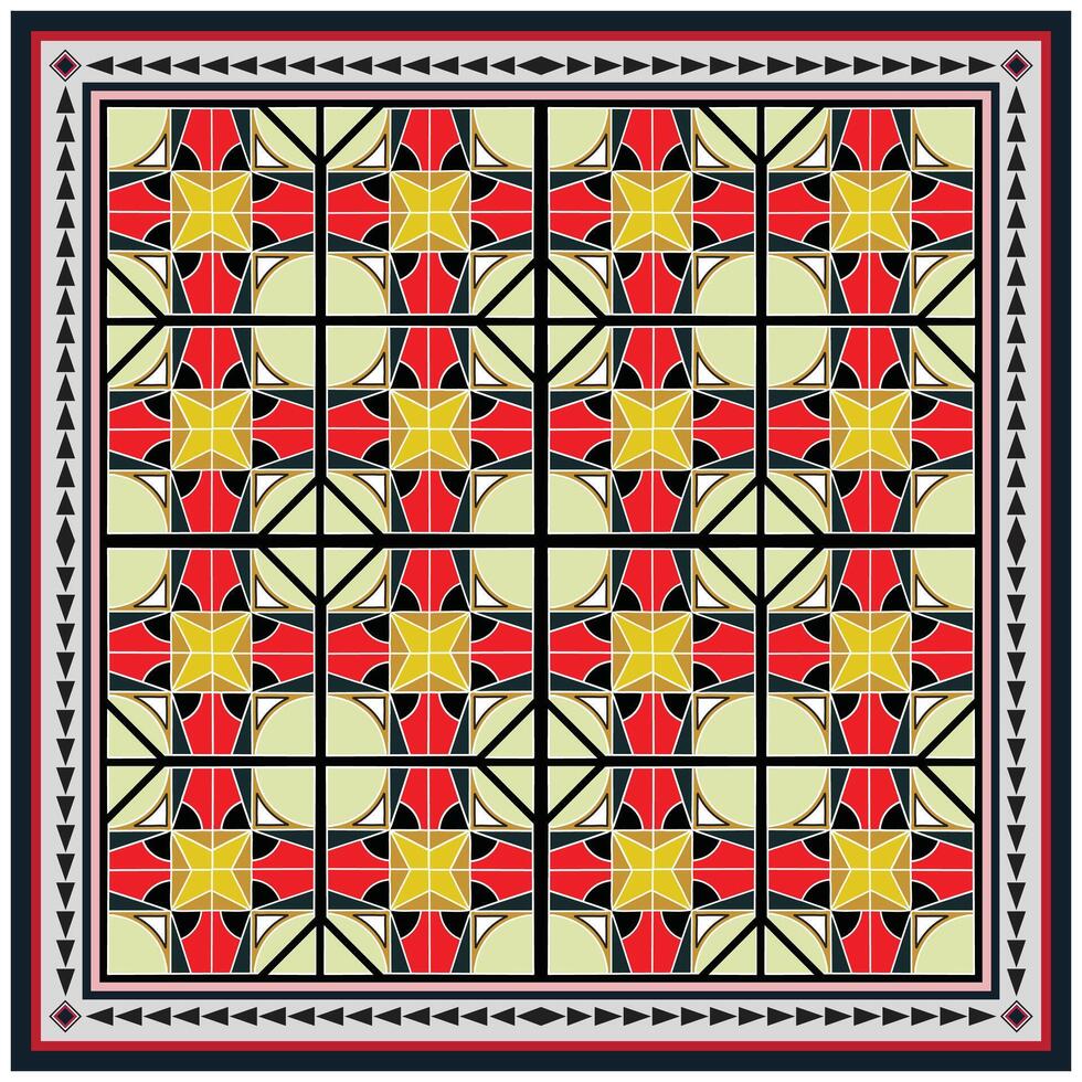 A vibrant geometric pattern featuring red and yellow shapes interspersed with circles, framed with intricate borders, It could be used as a wallpaper, fabric design, pillow or other elements vector