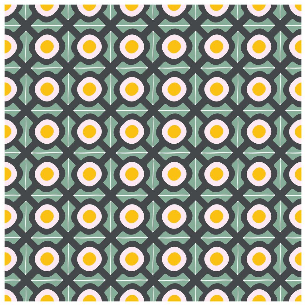 A repeating geometric pattern featuring green, pink, and yellow shapes resembling abstract fried eggs on a dark gray background. vector