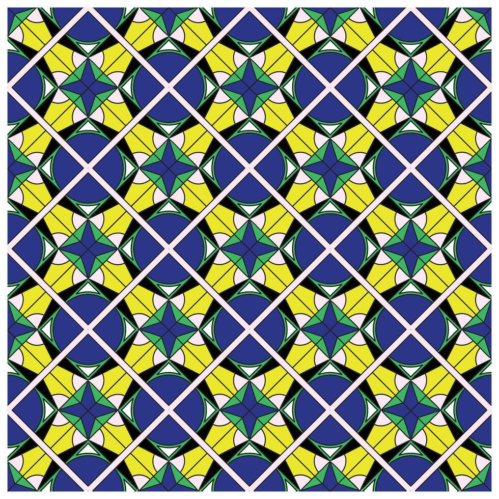 A vibrant geometric pattern of intertwined stars in blue, yellow, and green, arranged in a diamond grid on a white background. vector