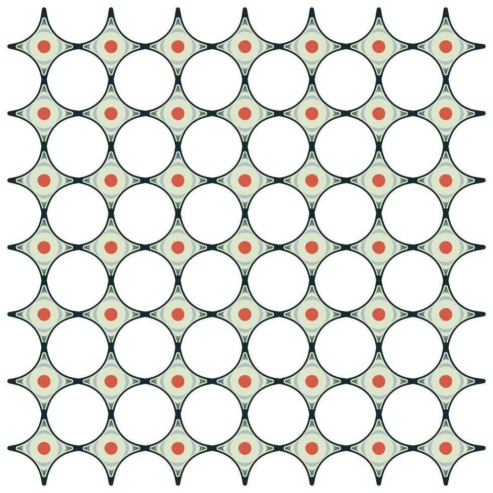 A pattern of overlapping circles and star shapes in muted colors, featuring red centers, arranged in a grid format. vector