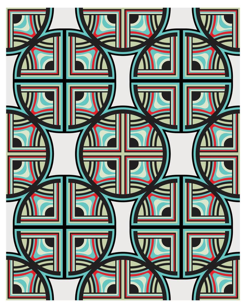 Colorful geometric pattern featuring interlocking circles and squares, with vibrant lines in teal, red, and black on a light background. vector