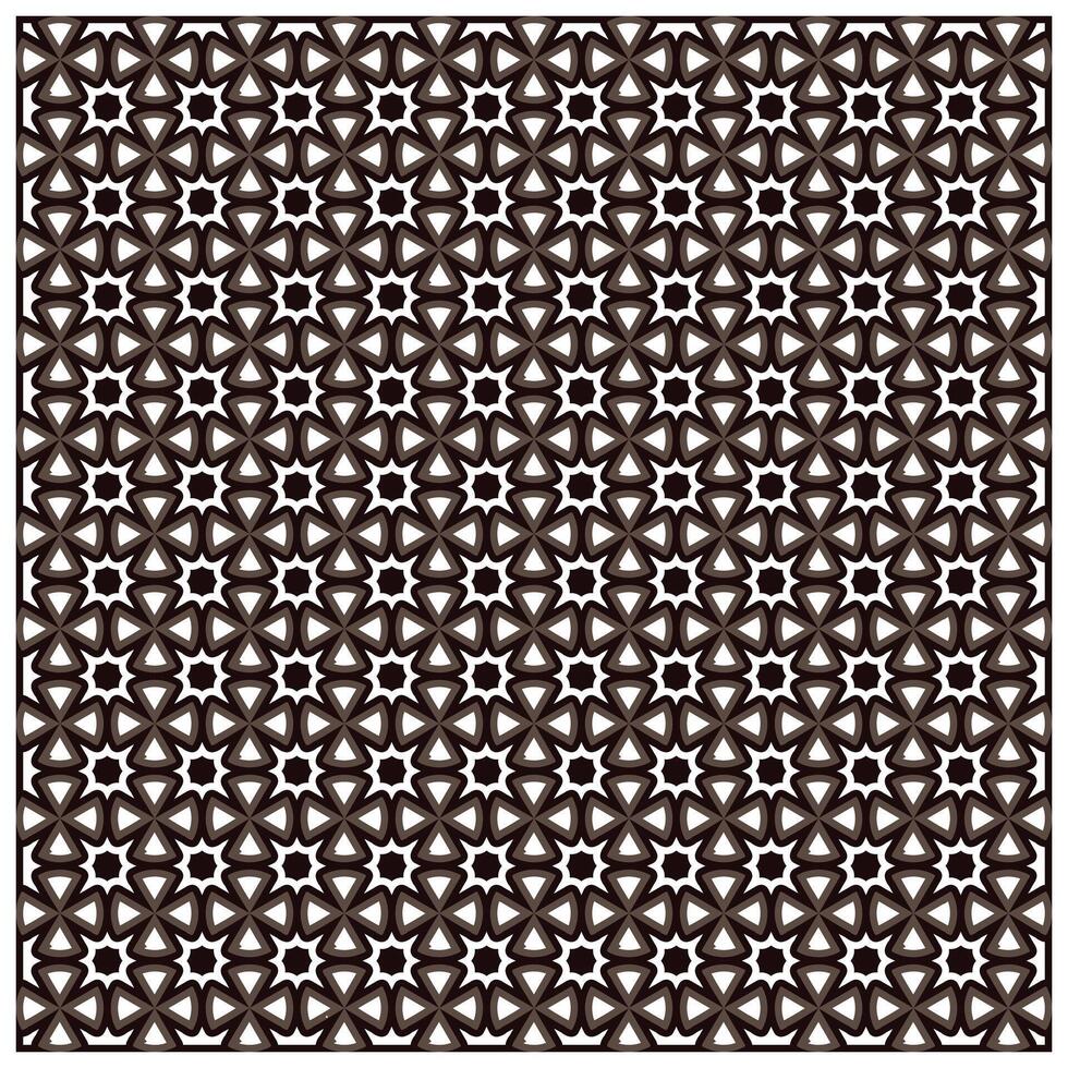A geometric pattern featuring interlocking floral and star shapes in dark brown and white, creating a harmonious, intricate design. vector