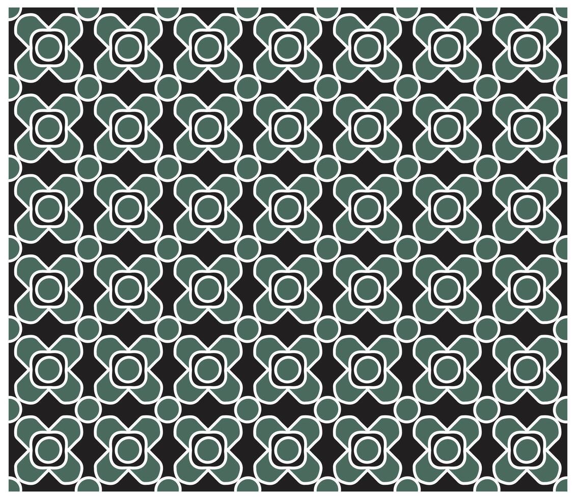 A repeated geometric pattern featuring flower shapes and circles in green and white on a black background, it could be used as a wallpaper, fabric design, curtain, pillow and gift box vector