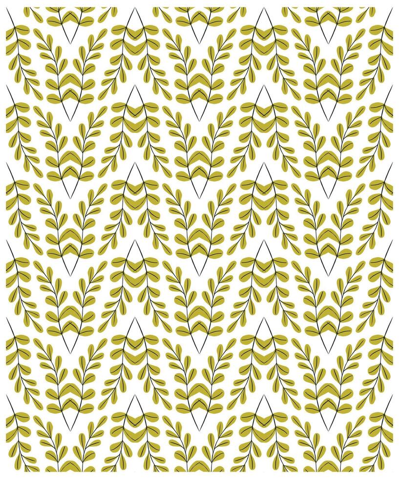 repeat pattern of green leaves on a white background, arranged in a symmetrical, repeating design with black outline. It could be used as a wallpaper, fabric design, curtain or other pillow element vector