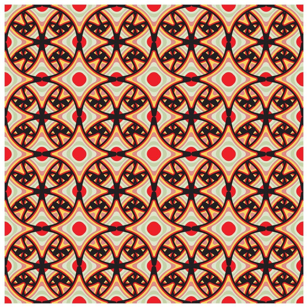 Colorful geometric pattern featuring interconnected circles and star-like shapes in black, orange, and red on a cream background. vector