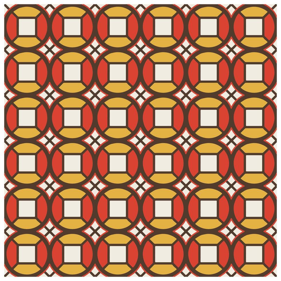 Colorful geometric pattern featuring overlapping red and yellow ovals with white squares and brown outlines against a light background. vector