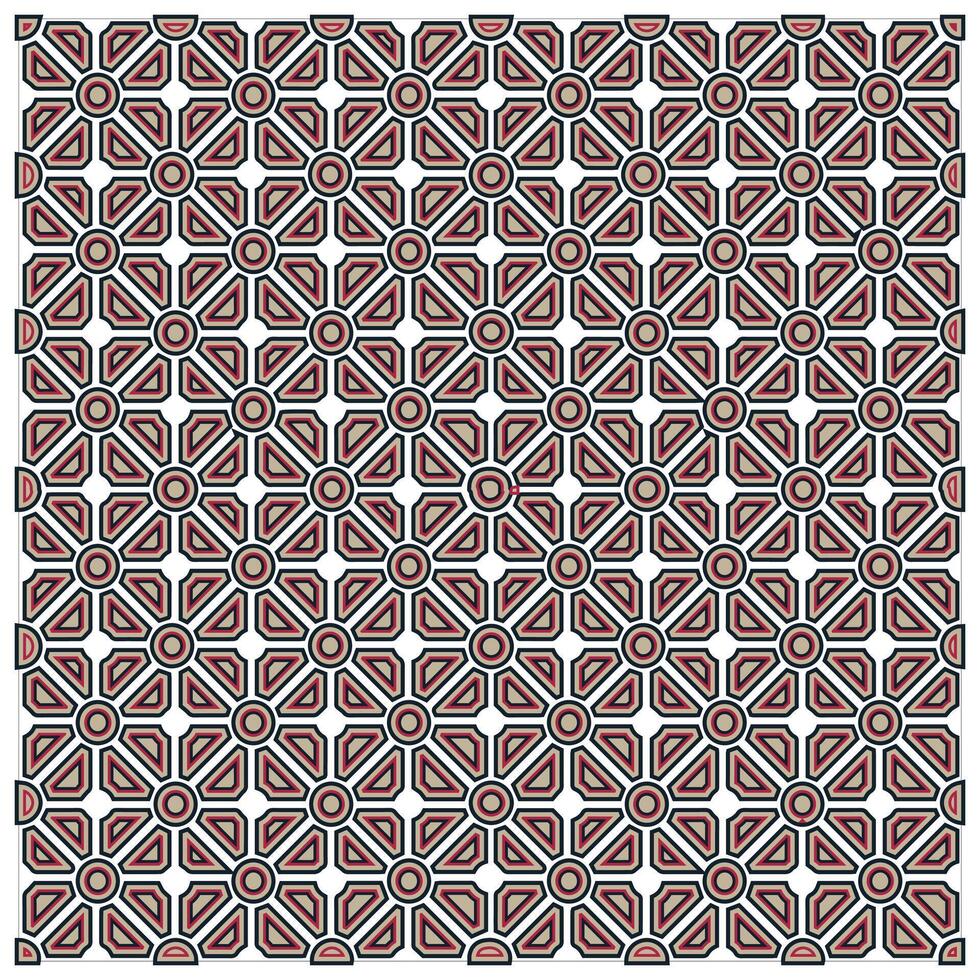 Geometric pattern featuring symmetrical floral shapes in red, peach, and black against a white background, creating a vibrant visual texture. vector