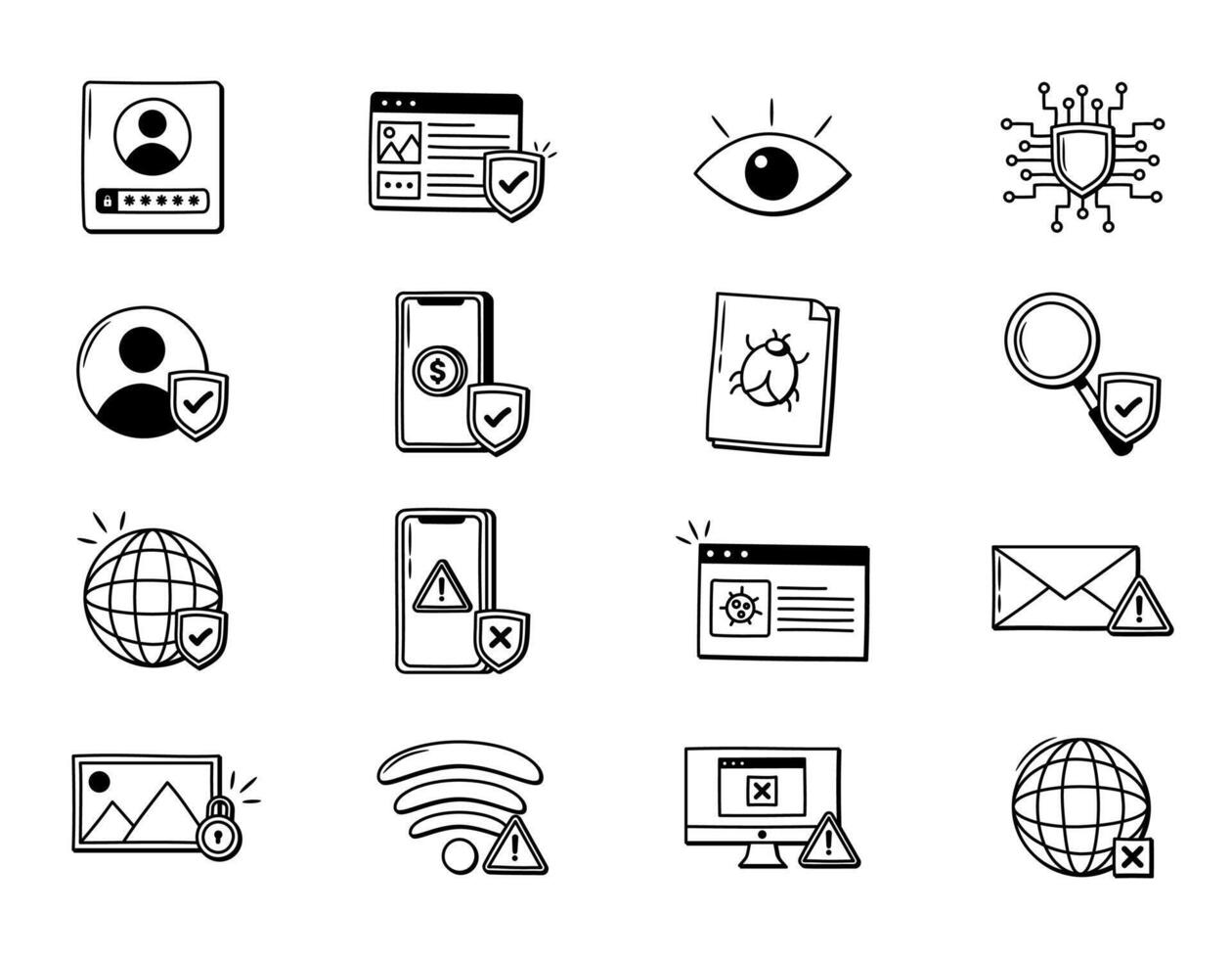 Security and Privacy Icon Set with Doodle Style, Hand Drawn Security and Privacy Elements Collection vector