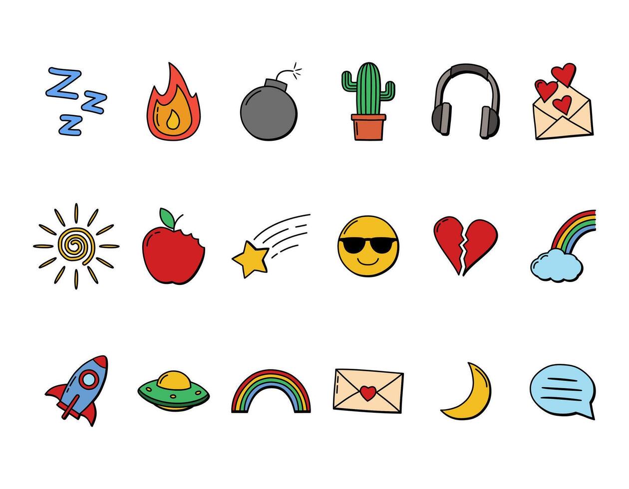 Colorful Hand Drawn Doodle Icons Set, Doodle Elements Collection vector
