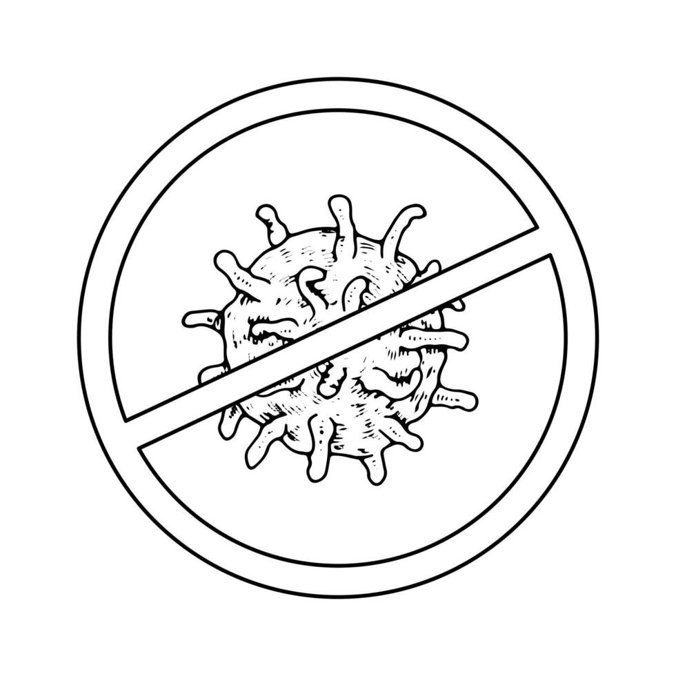Antiviral sign, features a prohibition symbol against viruses and microbes. Black and white illustration with white background. Hand drawn isolated objects in line art technique vector