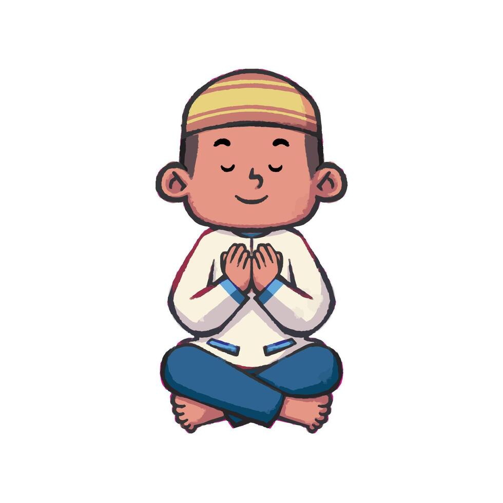 Muslim boy in praying pose cartoon illustration vector