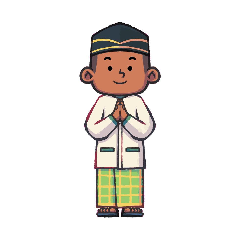 Indonesian muslim boy in greeting pose cartoon illustration vector