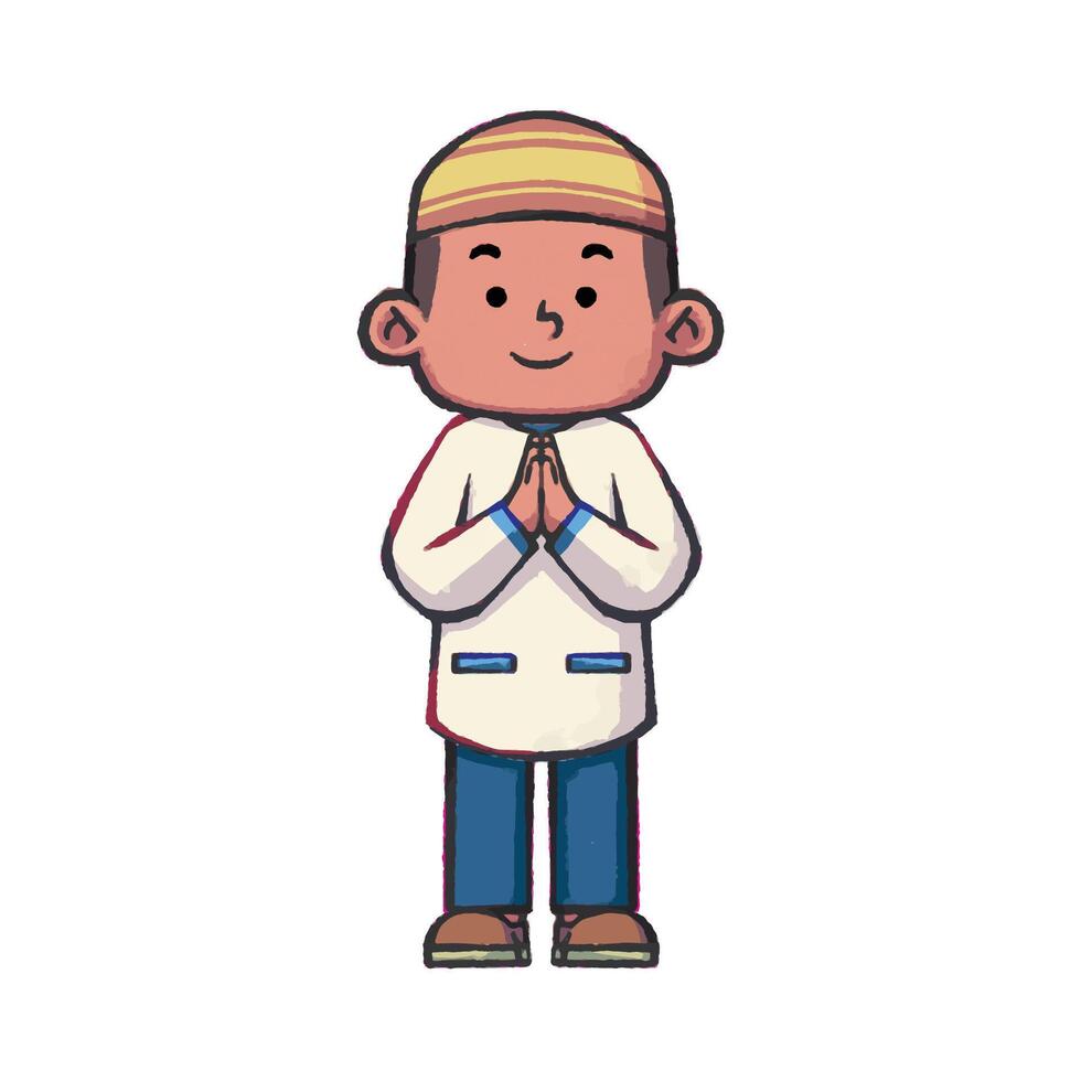 Muslim boy in greeting pose cartoon illustration vector