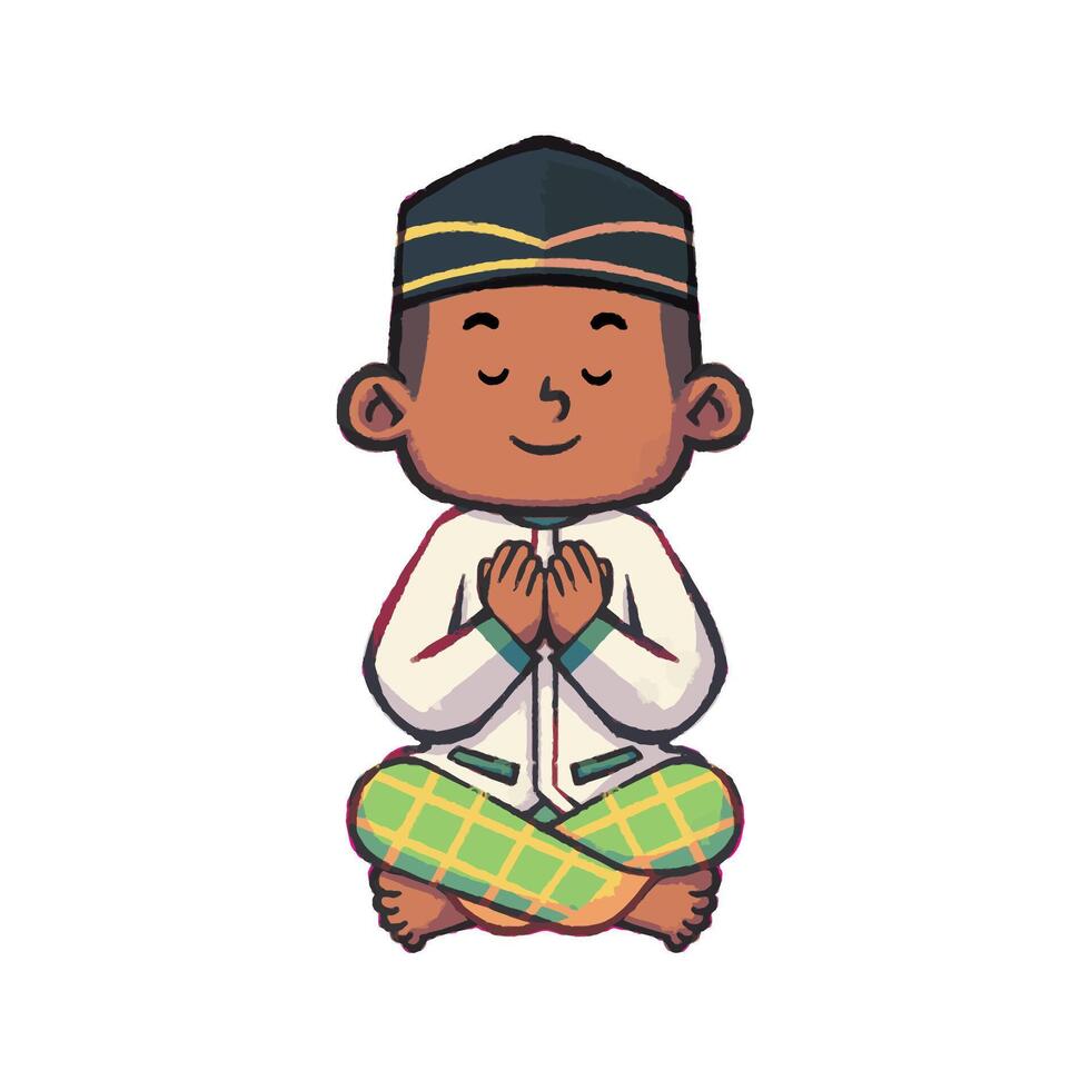 Indonesian muslim boy in praying pose cartoon illustration vector