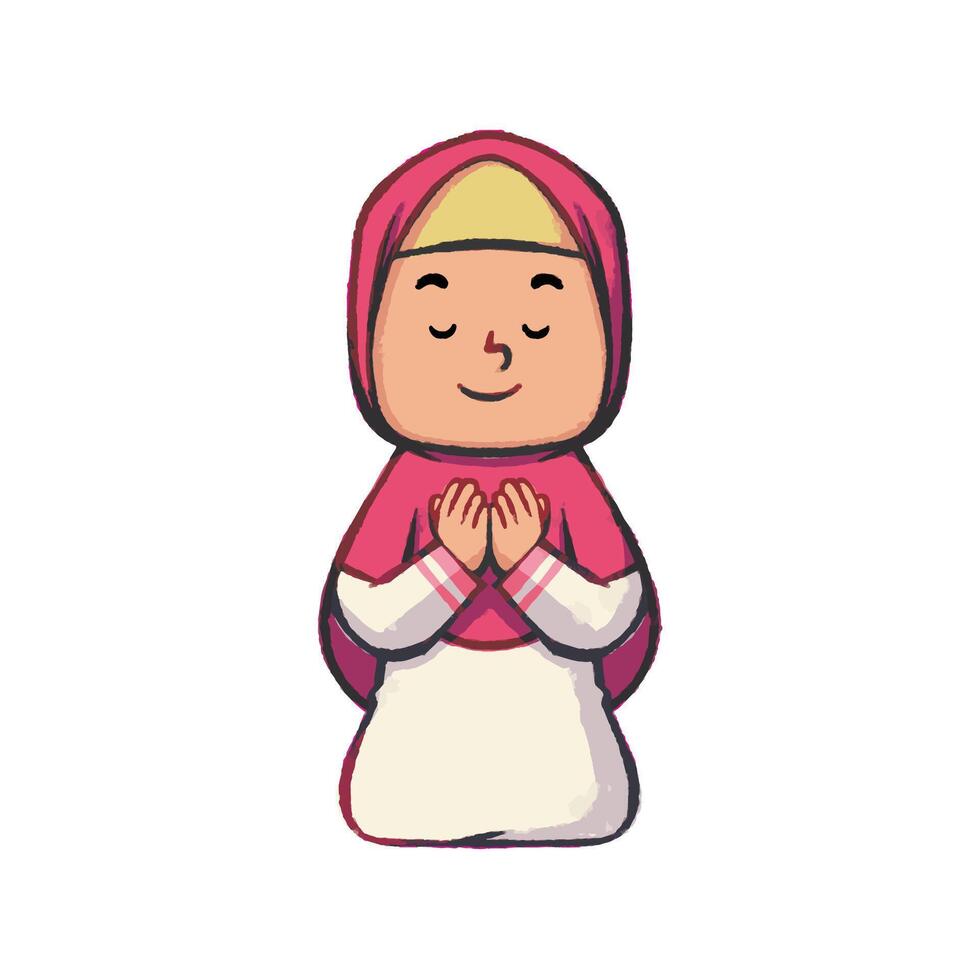 Muslim girl in praying pose cartoon illustration vector
