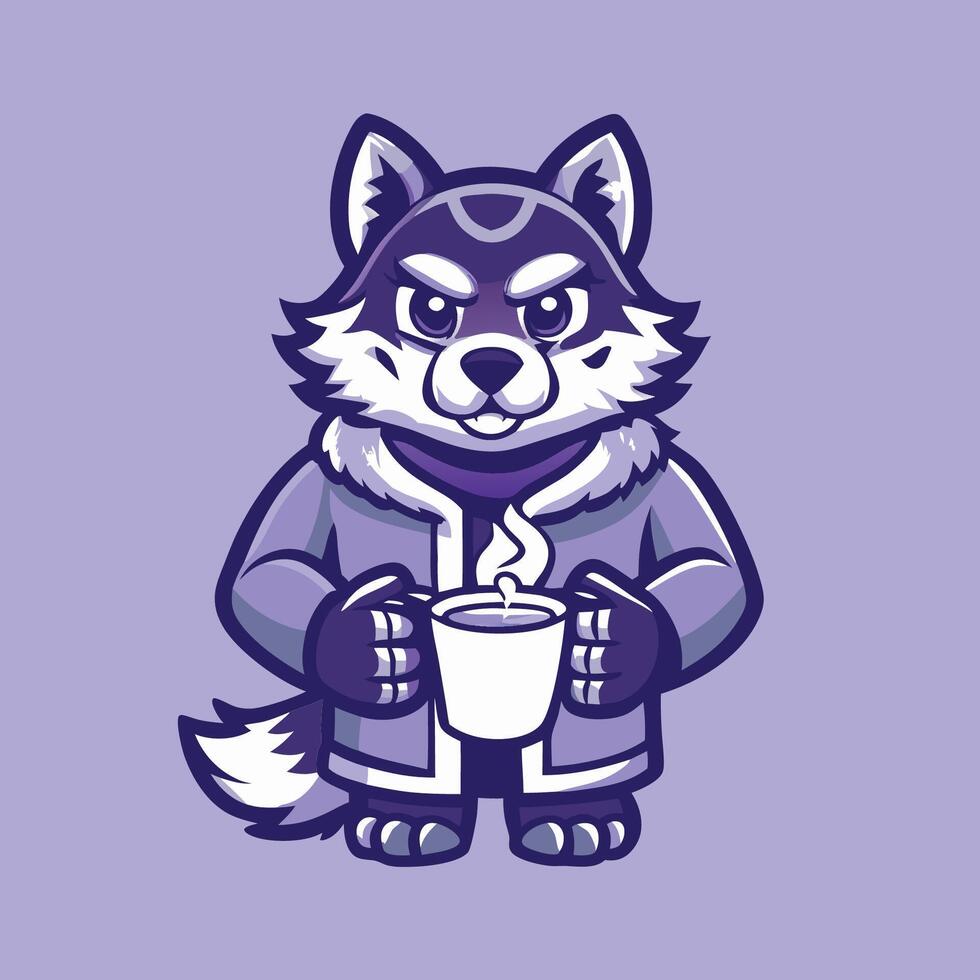 Wolf in Winter Attire Sipping on Brew in Forest vector