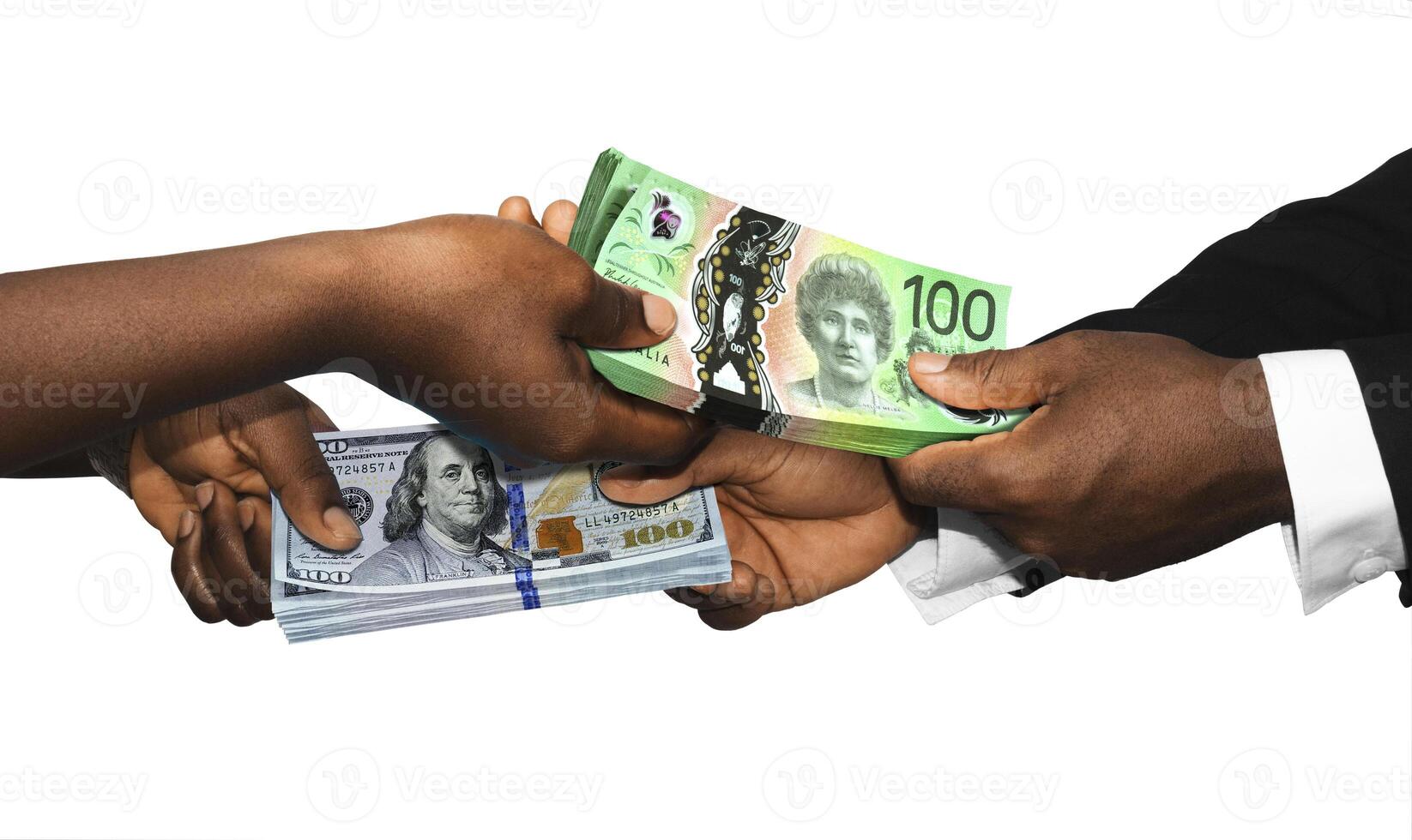 Two black african people hands holding exchanging stacks Australian Dollar USA Dollar currrency notes on white background. pairing, Weighing and comparing two country monies. Exchange rate concept photo