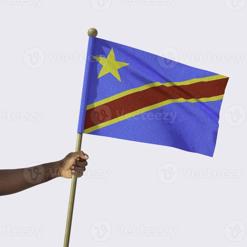 Outstretched Black african Hand holding Congolese national flag isolated over white background, protest, waving, fist, freedom, Congo photo