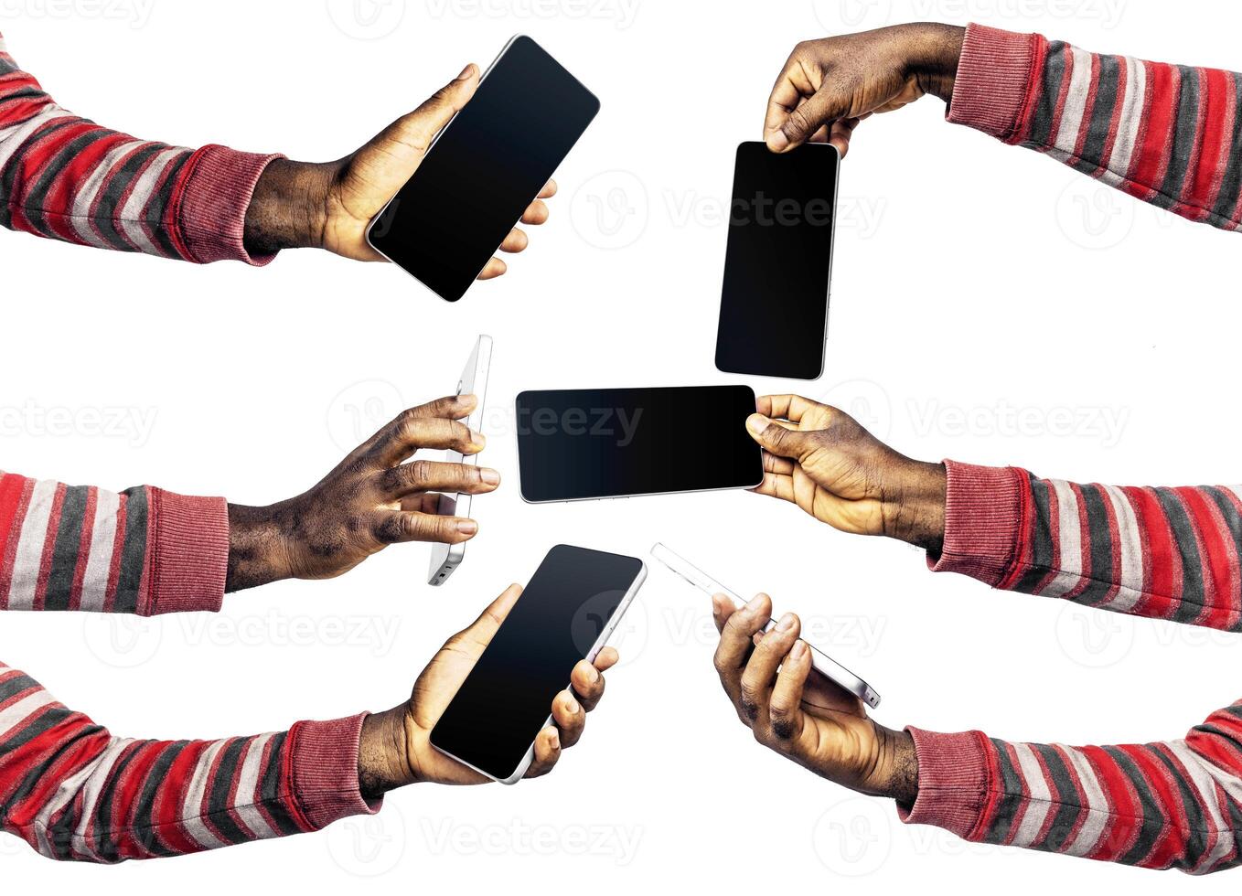 set of Black hands in red striped long sleeves sweater holding phone facing camera isolated on white background. blank screen, phone screen mockup, front view, clipping path, clipping mask photo