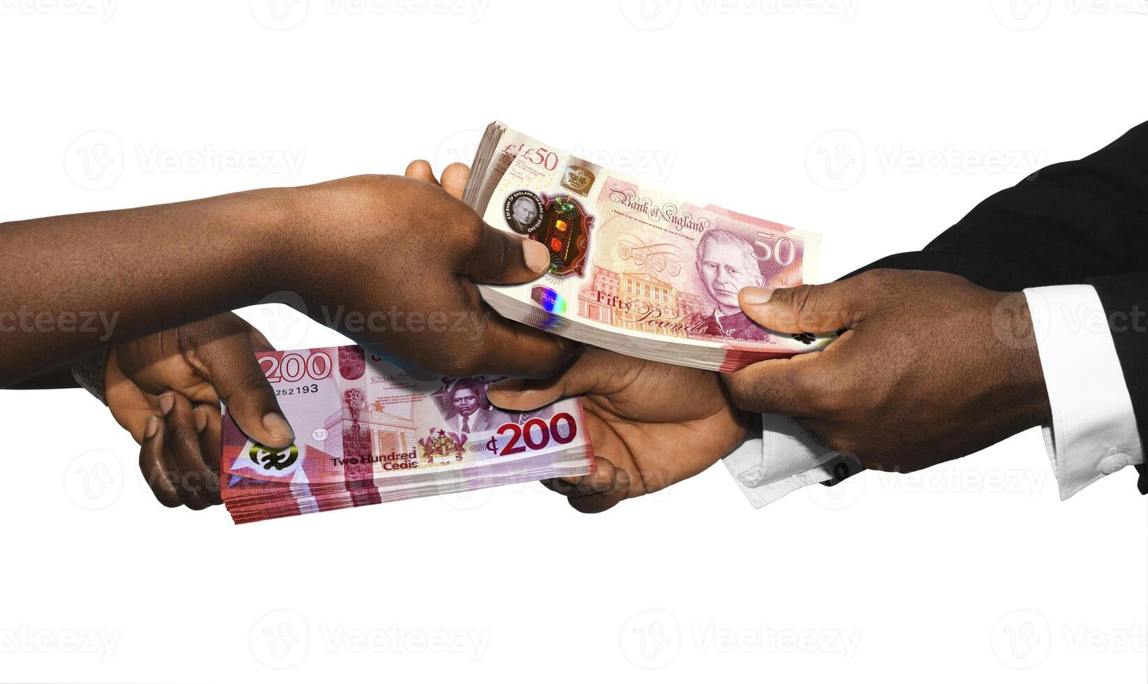 Two black african people hands holding exchanging stacks Ghanaian cedi british pounds currrency notes on white background. pairing, Weighing and comparing two country monies. Exchange rate concept photo
