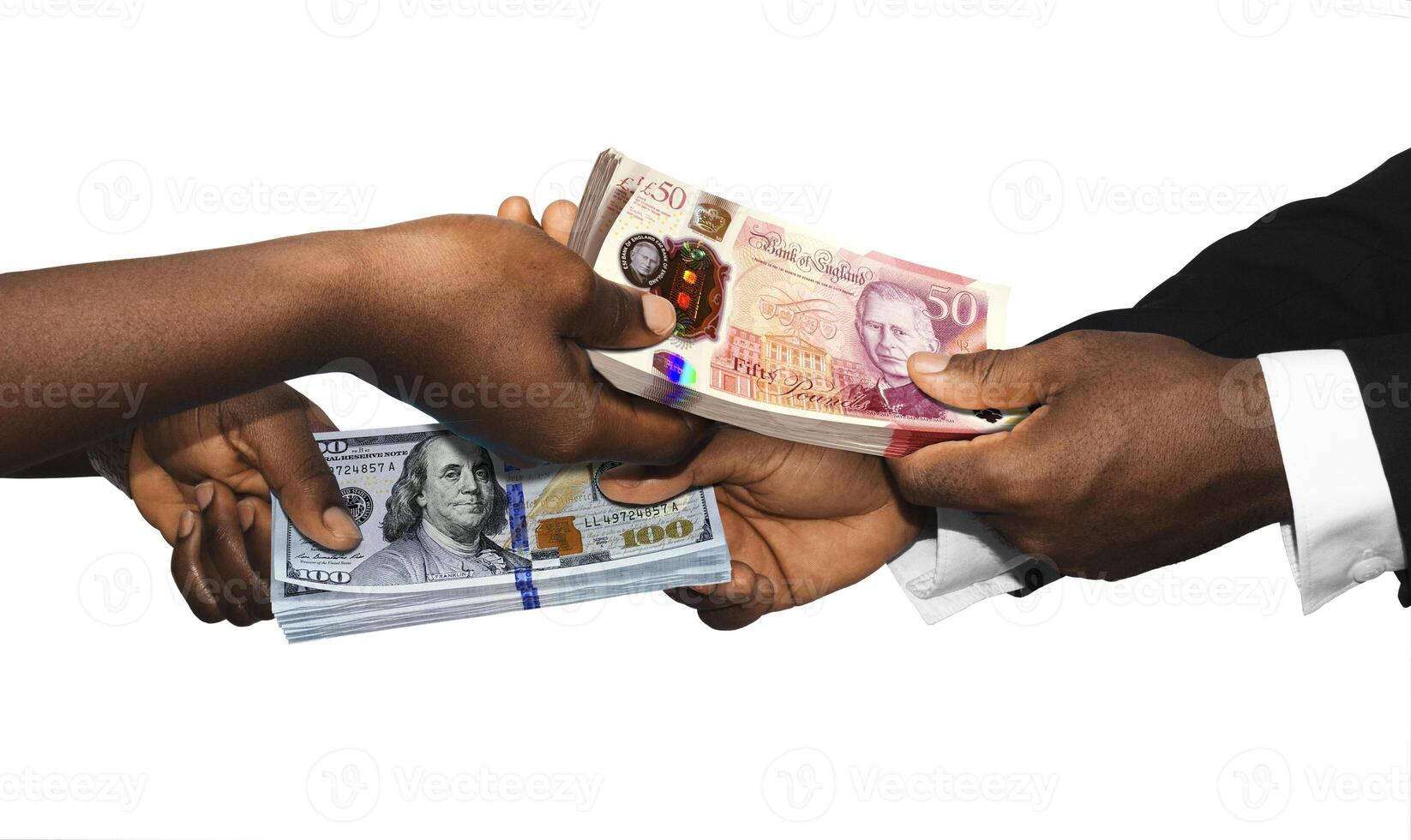 Two black african people hands holding exchanging stacks USA Dollar and british pounds currrency notes on white background. pairing, Weighing and comparing two country monies. Exchange rate concept photo