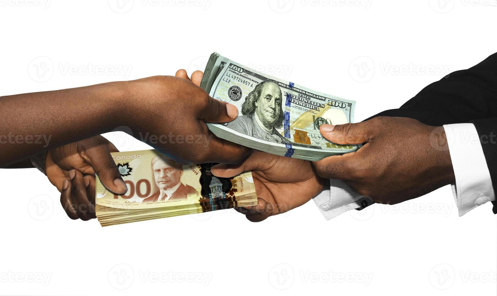 Two black african people hands holding exchanging stacks USA Dollar Canadian dollar currrency notes on white background. pairing, Weighing and comparing two country monies. Exchange rate concept photo