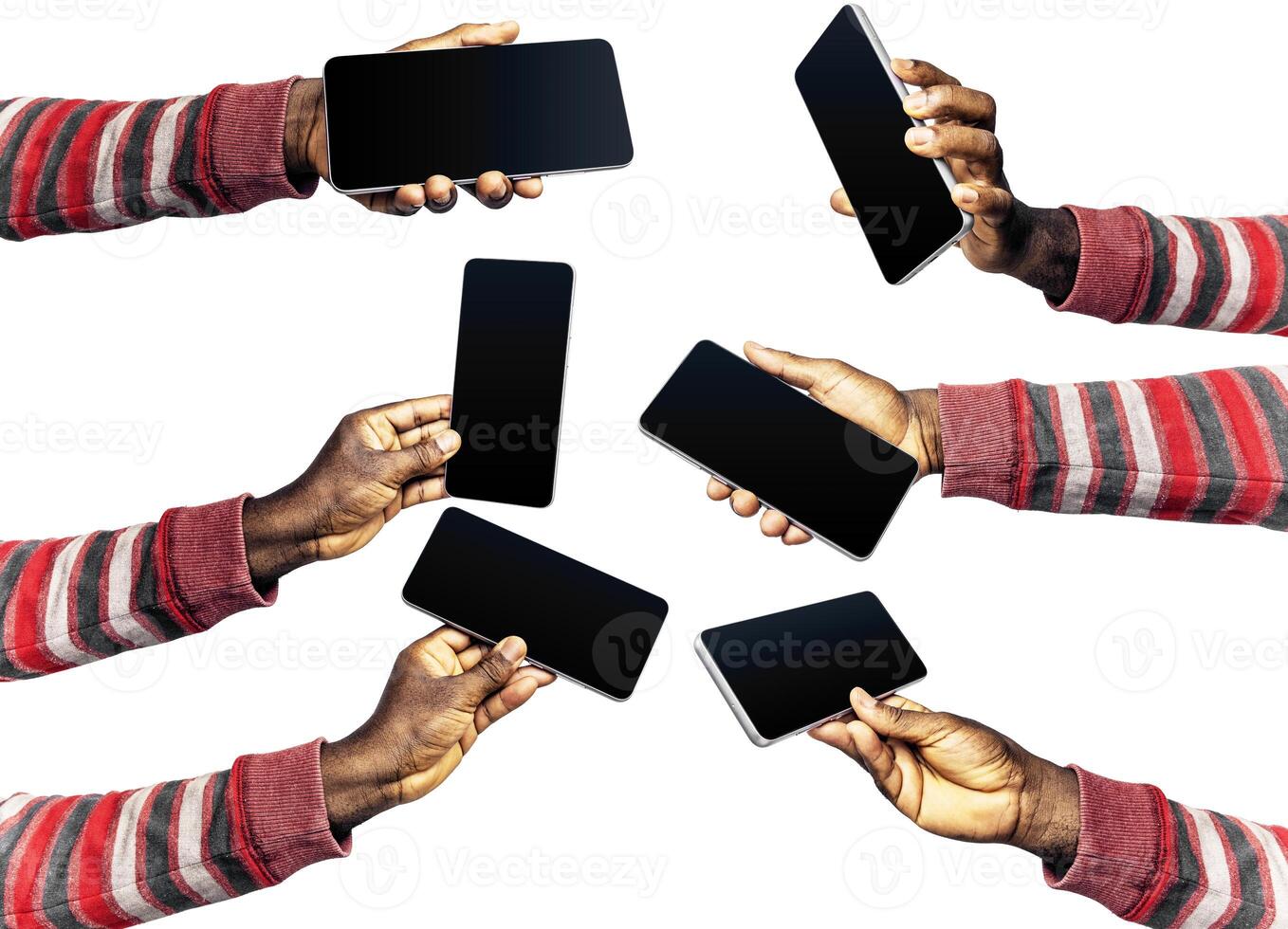 set of Black hands in red striped long sleeves sweater holding phone facing camera isolated on white background.blank screen, phone screen mockup, front view, clipping path, clipping mask photo