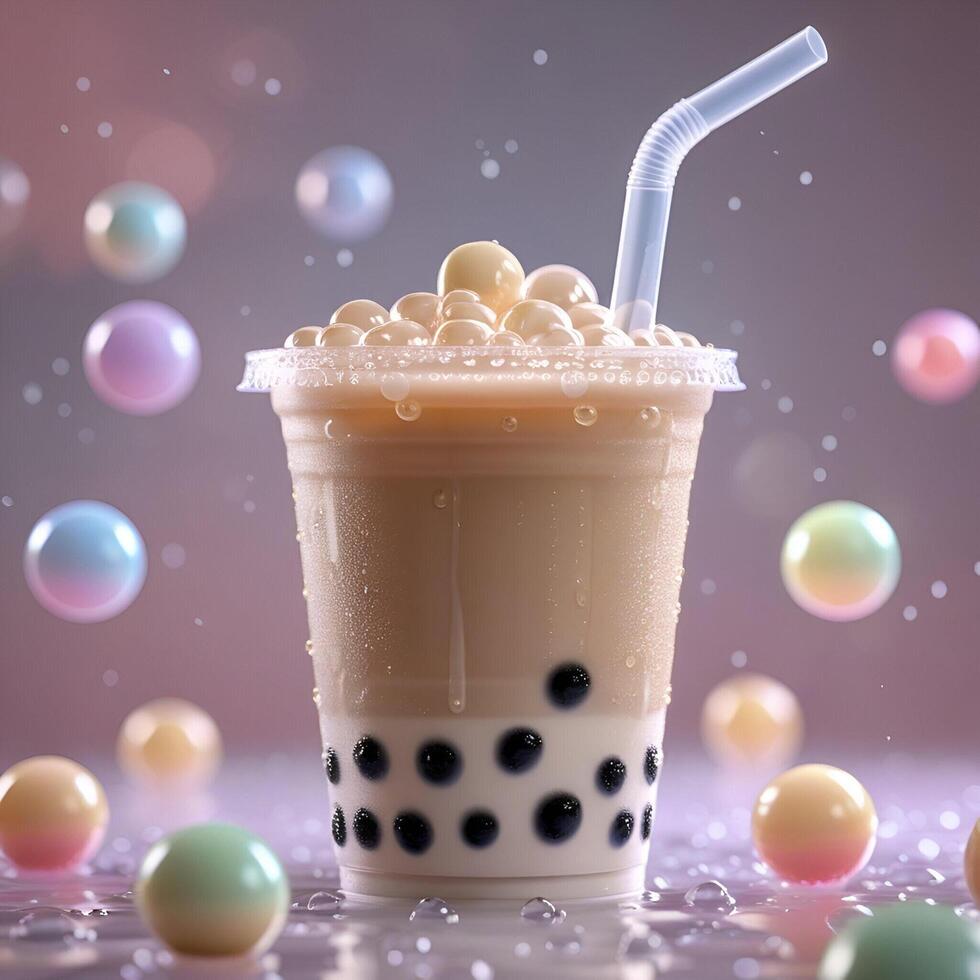 A refreshing bubble milk tea boba in a transparent plastic cup with a wide straw, filled with creamy milk tea and glossy, chewy tapioca pearls. The cup is slightly frosted. photo