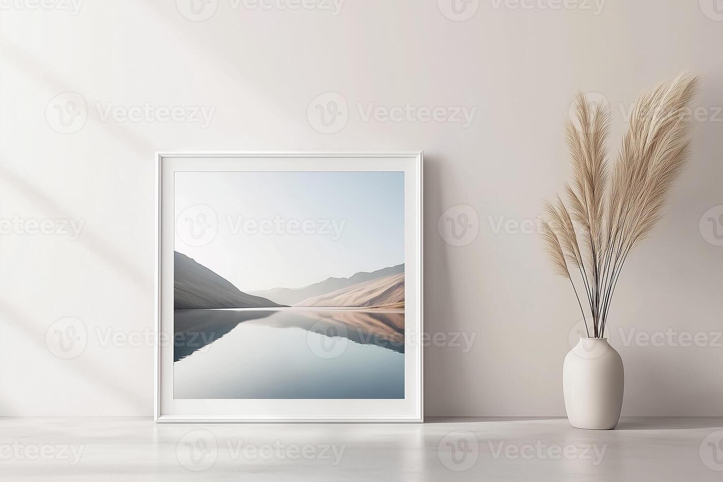 A framed photograph of a lake and a vase of dry grass mockup photo