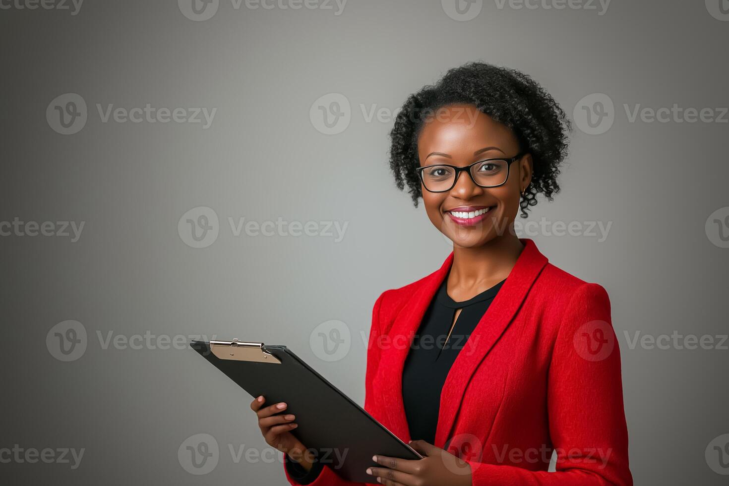 A smiling african american woman holding a clipboard photo
