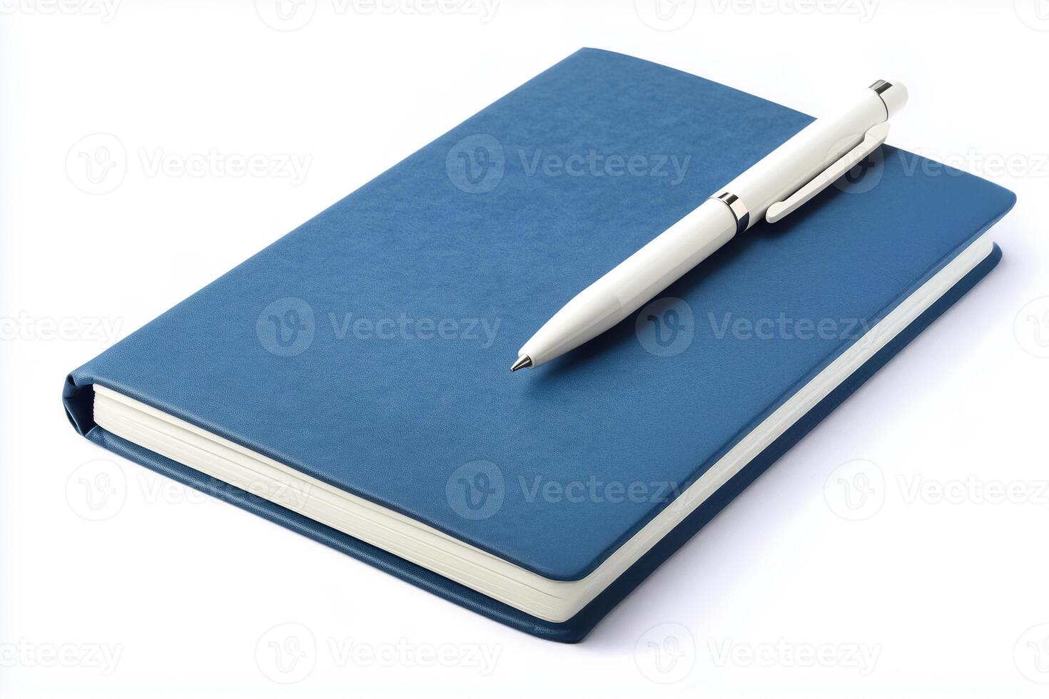 Blue notebook with pen isolated on white background photo