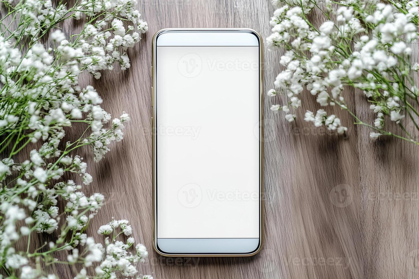 Smartphone with white screen on wooden background photo