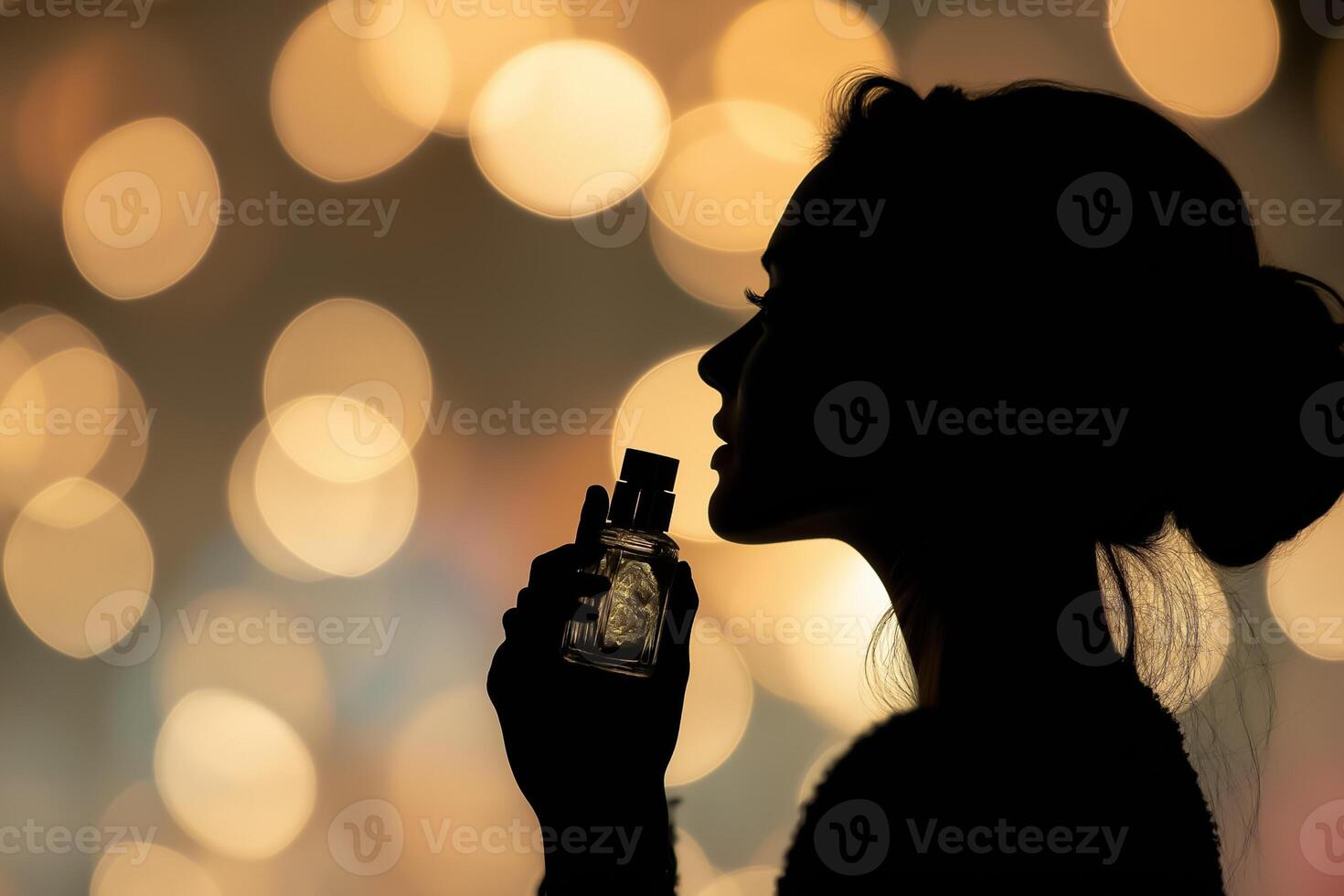 A woman is holding a perfume bottle in front of a bokeh background photo