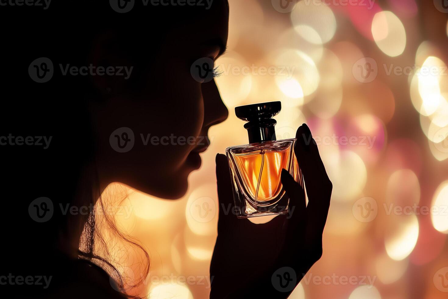 A woman is holding a perfume bottle in front of a bokeh background photo
