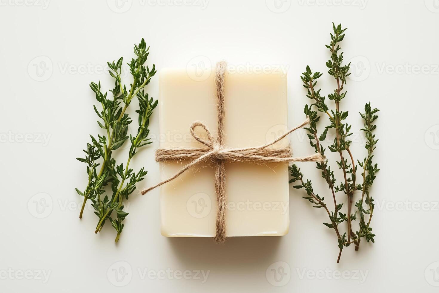A soap bar wrapped in twine with herbs photo