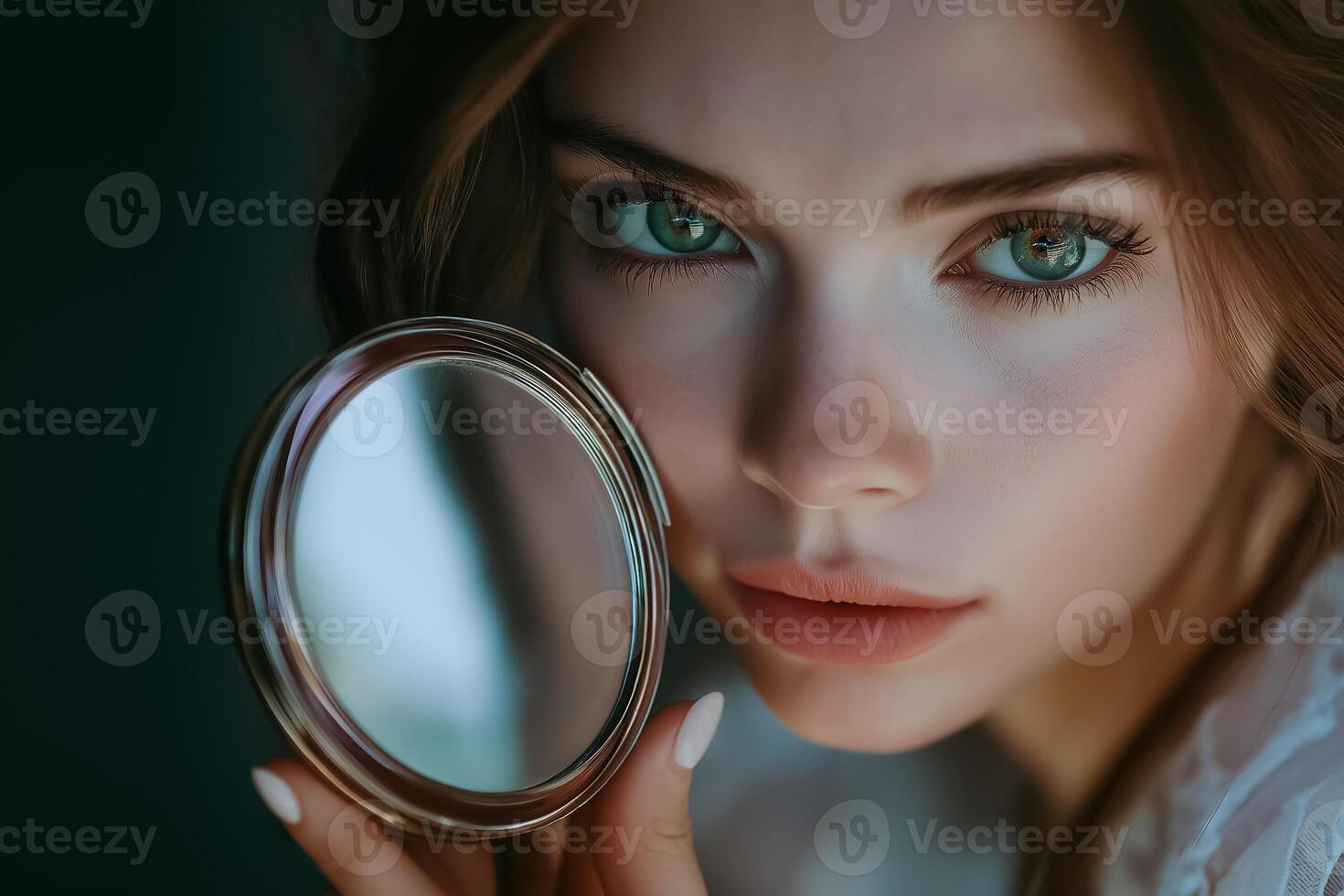 Beautiful woman looking at her reflection in a mirror photo