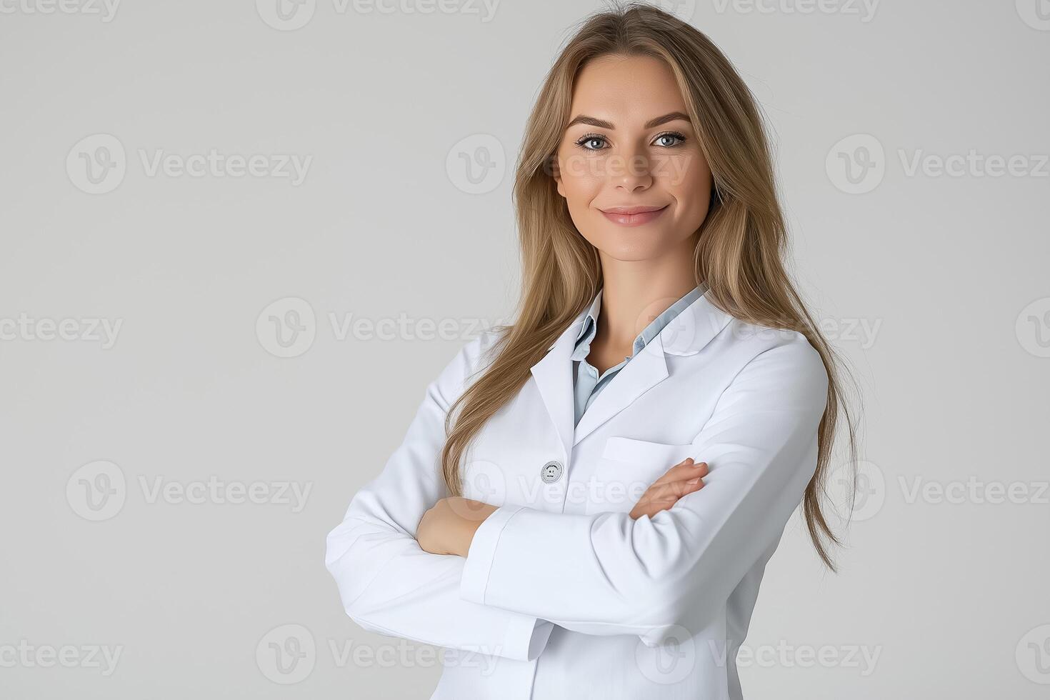 Smiling young woman in white lab coat standing with arms crossed photo
