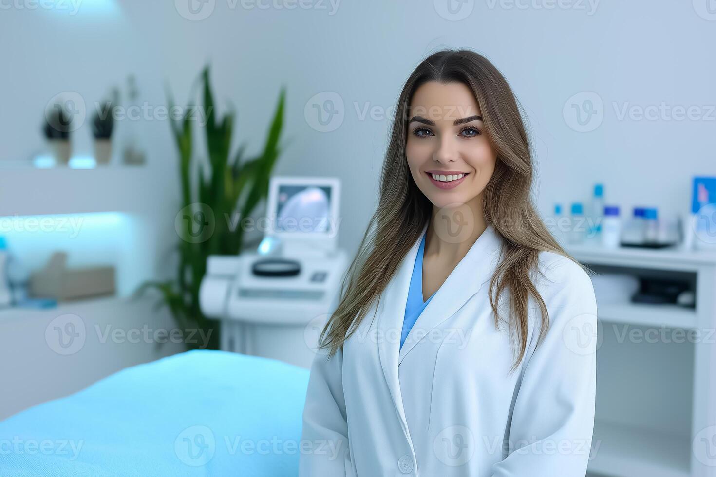 Smiling woman in white coat standing in front of a bed photo