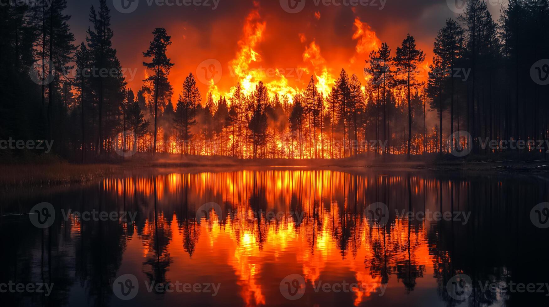 A forest fire is burning in the middle of a lake photo