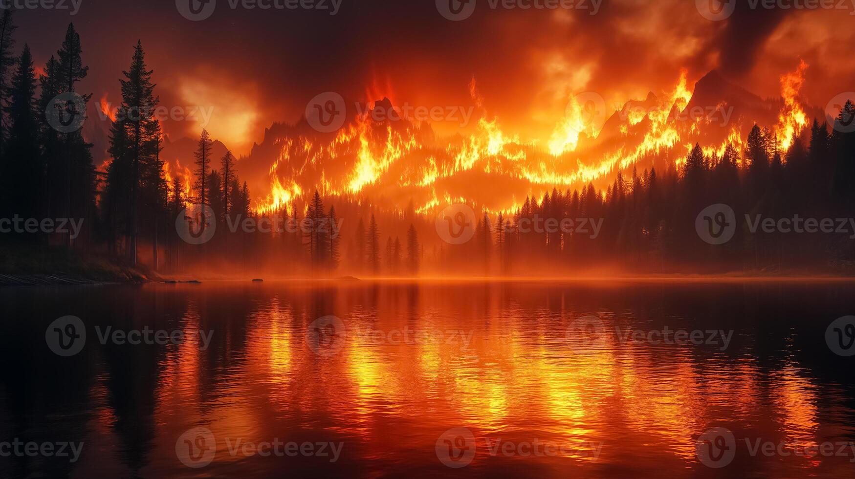 A forest fire is burning in the middle of a lake photo