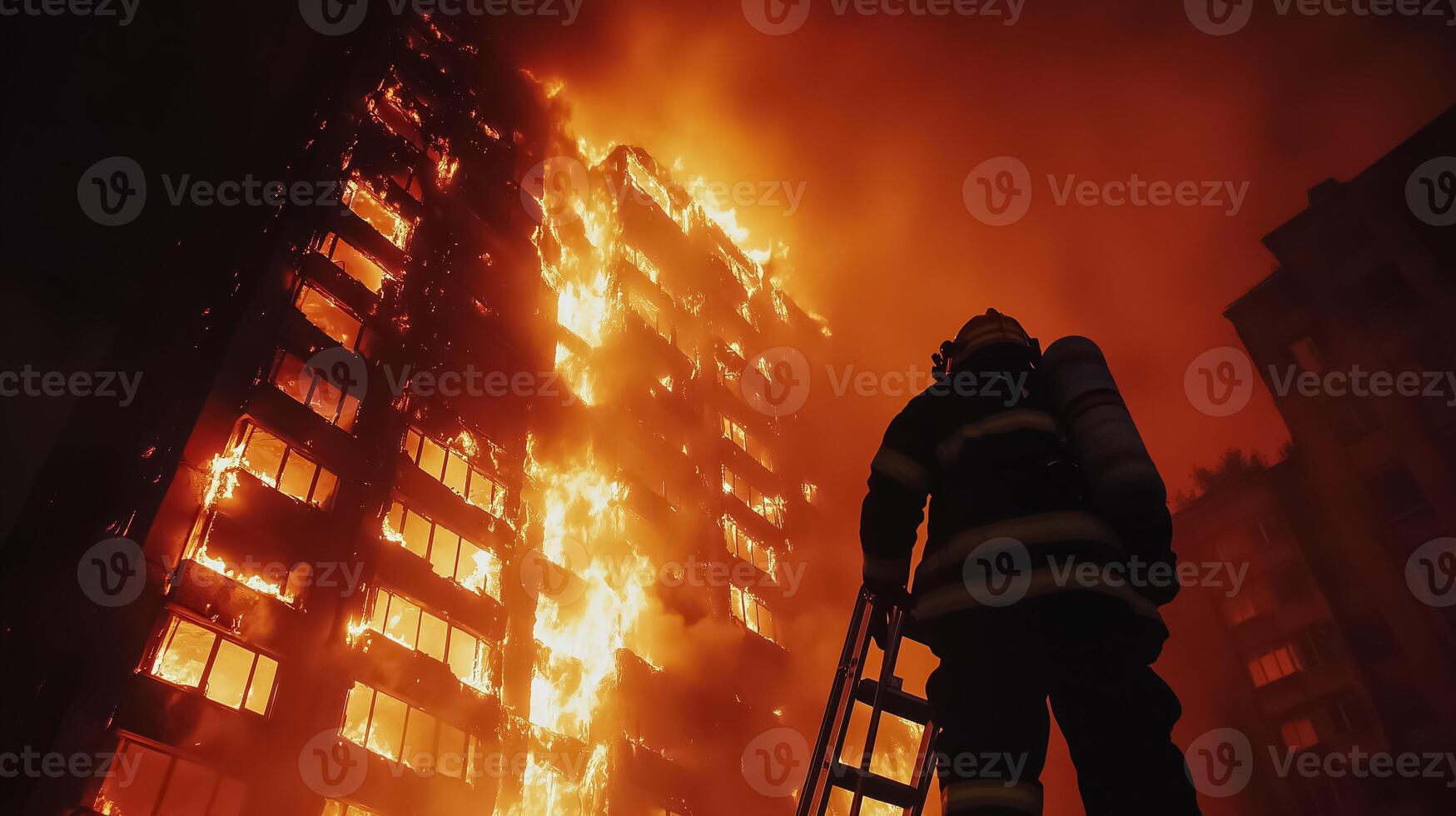 A firefighter standing in front of a burning building photo