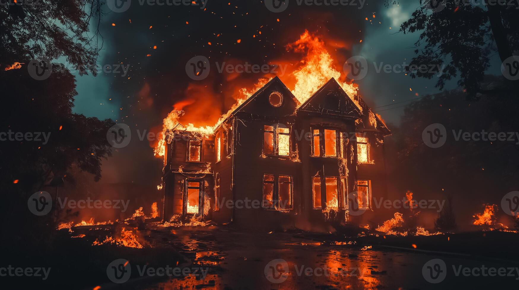 A burning house in the middle of the night photo